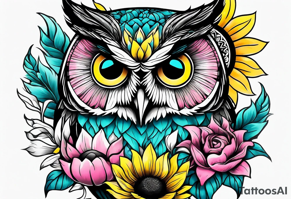 Sleeve with teal, pink and yellow owl and yellow sunflowers tattoo idea