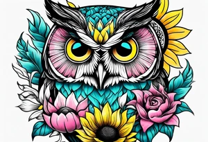 Sleeve with teal, pink and yellow owl and yellow sunflowers tattoo idea