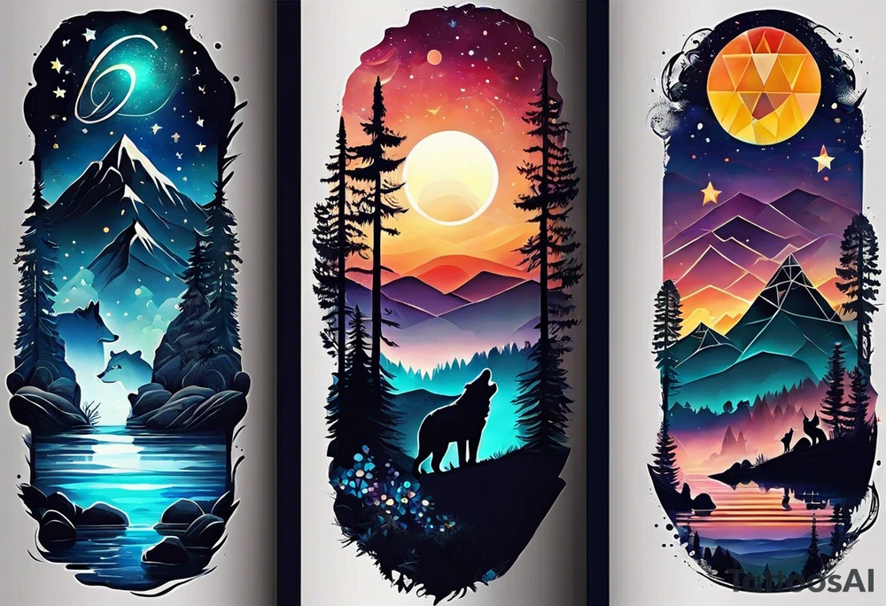 Create a sleeve tattoo from shoulder to wrist. The design should include space, stars, forest, sunset, mountains, cliffs, waterfall, water, ocean, wild animals (bear, wolves, elephant), and inserts of triangles and geometric figures. I have two children – a son, Sergei (the eldest), and a daughter, Anna, who live with me and my wife. But I also have another daughter, Marianna, whom I haven't seen for a long time and eagerly await to meet. The tattoo should symbolize love and protection for my children and family, the desire to secure their future, and confidence in tomorrow. It should reflect the notion of not looking back, but always moving forward and achieving goals! tattoo idea
