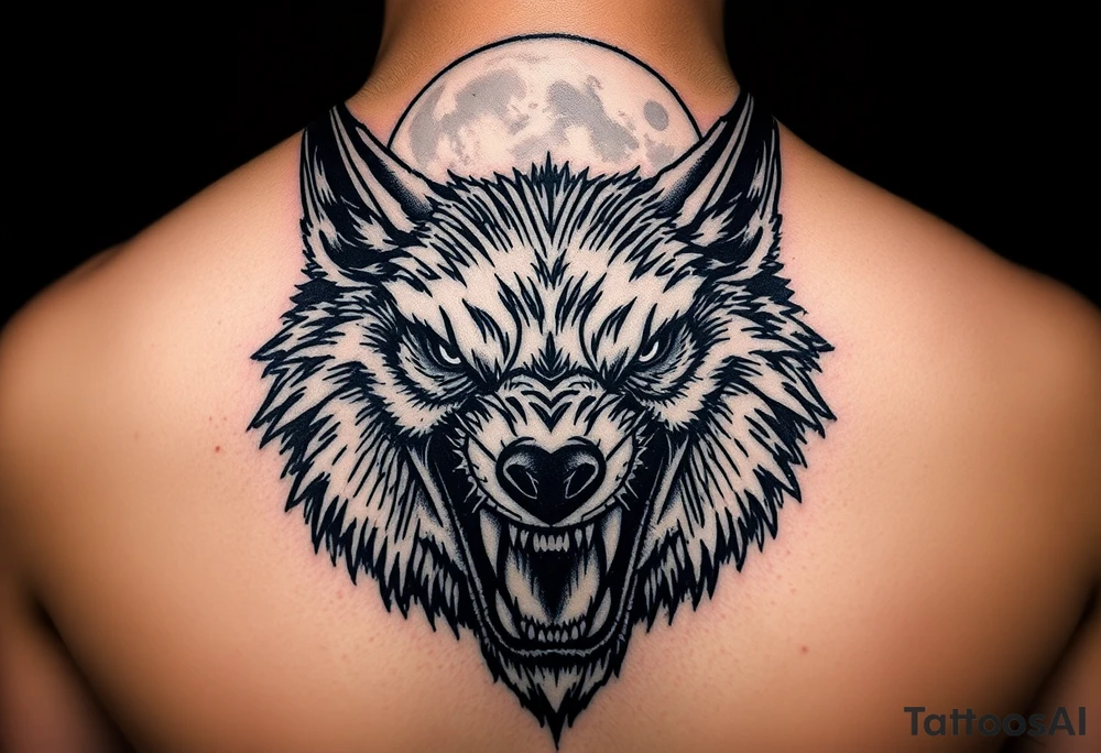 Close-up portrait of a snarling werewolf's face under a luminous full moon. tattoo idea