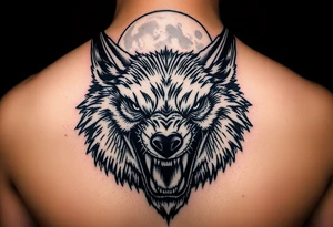 Close-up portrait of a snarling werewolf's face under a luminous full moon. tattoo idea