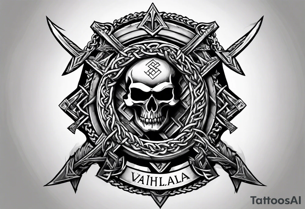 Valhalla sword shield  axe Valknut barbed wire chains tattoo idea
