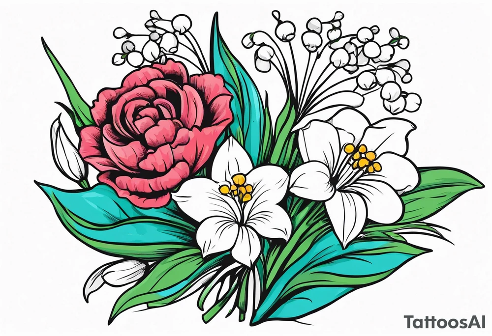 Bouquet 
with 1 snowdrop 2 carnations 1 rose 1 lily of the valley 1 daffodil 1 peony tattoo idea