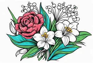 Bouquet 
with 1 snowdrop 2 carnations 1 rose 1 lily of the valley 1 daffodil 1 peony tattoo idea