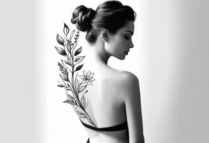 create an elegant spine tattoo for women. make it simple but beautiful. include themes of flowers, leaves, lines, words, etc. make it THIN tattoo idea