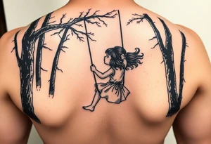 Little girl swinging in dark forest with the sun coming up but hasn’t reached her yet tattoo idea