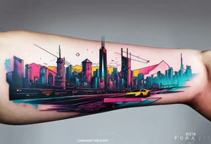 cyberpunk 2077, forearm tattoo, geometric, subtle, men, city skyline, bright colour, tattoo idea