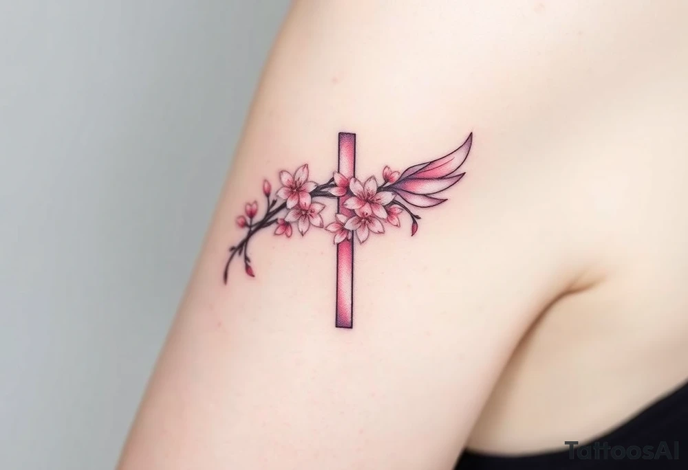 A cross with cherry blossoms growing along its frame, with delicate pink and white feathery wings tattoo idea
