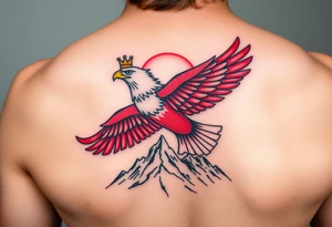 A red and white Moravian eagle with golden crown on its head  soaring above mountain peaks, with the sun rising behind it tattoo idea