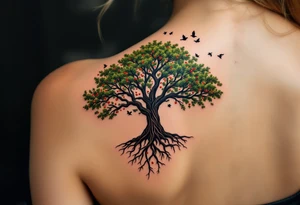 Slavic Tree of Life — A large oak tree with roots intertwining in black and branches stretching in vibrant green, filled with tiny red berries and birds flying around the crown. tattoo idea