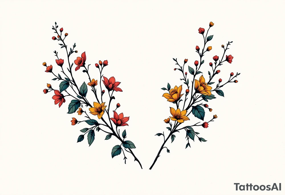 Two separate collarbone tattoos of long, stems and branches covered with red, orange, yellow and dark forest green leaves and flowers, academia, witchy, muted, delicate and gentle but moody, long and thin, following the collarbone. More muted, not so bright, darker colors. Fewer amount of leaves, larger leaves tattoo idea