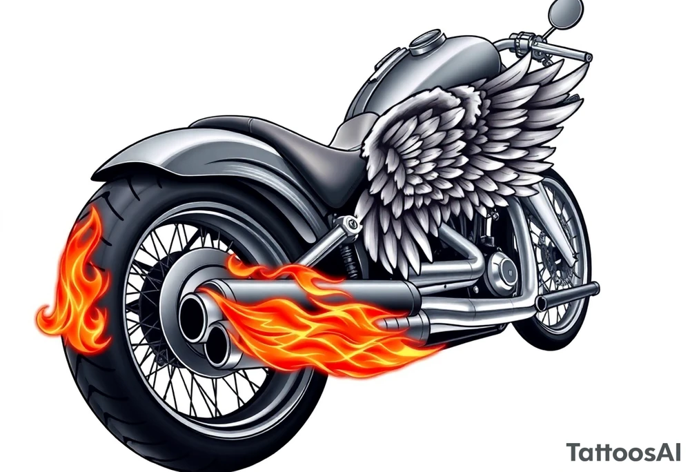 Low rider grey motorcycle, big muffler pipes with flames, angel wings tattoo idea