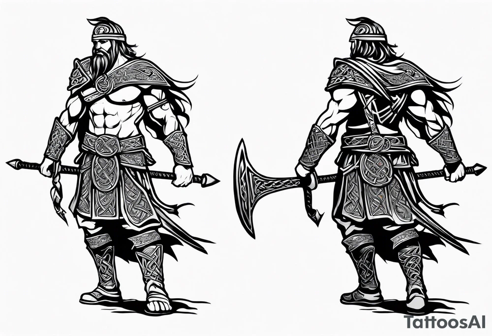 Full body side profile of Celtic warrior walking into battle tattoo idea