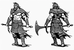 Full body side profile of Celtic warrior walking into battle tattoo idea