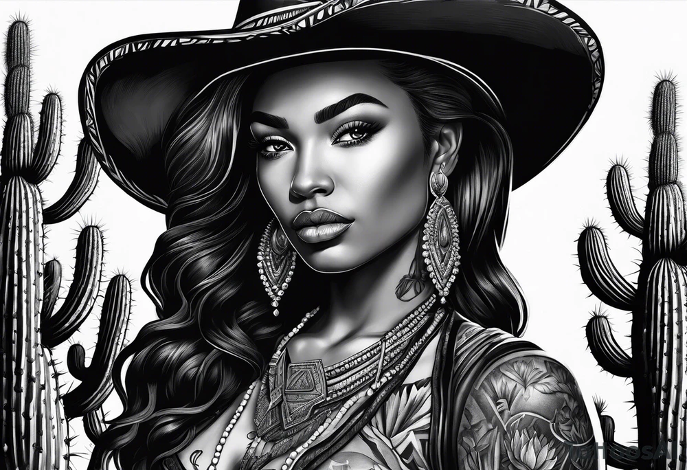 Cactus desert cowgirl black woman tattoo idea