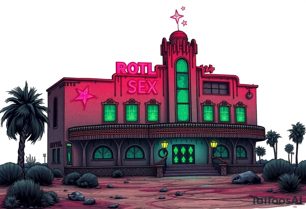 Tim Burton’s vegas sex hotel from outside viewis abandoned and dripping with muted reds, dusty pinks, and eerie green glow. tattoo idea tattoo idea