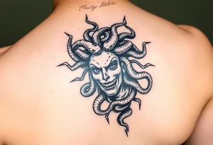 detailed female Medusa Head containing snakes and surrounded by lightnings in sketch style, black color and on the outer forearm tattoo idea