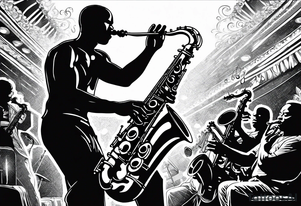 Muay thai boxer playing on tenor saxophone in a jazz club front of a jazz trio band. The notes are coming out from the saxophone and turning into buddhist symbols. tattoo idea