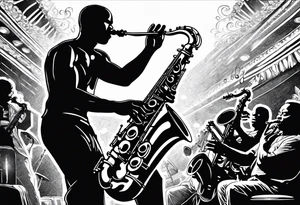 Muay thai boxer playing on tenor saxophone in a jazz club front of a jazz trio band. The notes are coming out from the saxophone and turning into buddhist symbols. tattoo idea