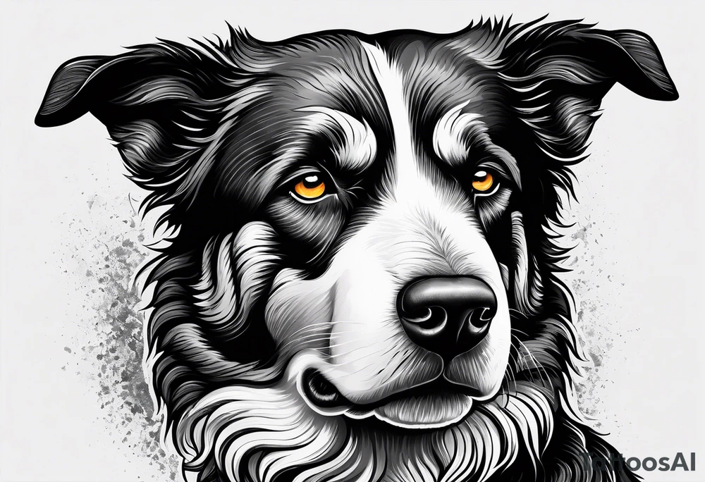 Sheepdog all black short hair with white nose one eye open one eye closed . Muay Thai symbol behind him tattoo idea