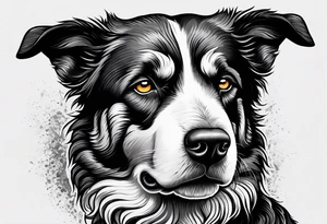 Sheepdog all black short hair with white nose one eye open one eye closed . Muay Thai symbol behind him tattoo idea
