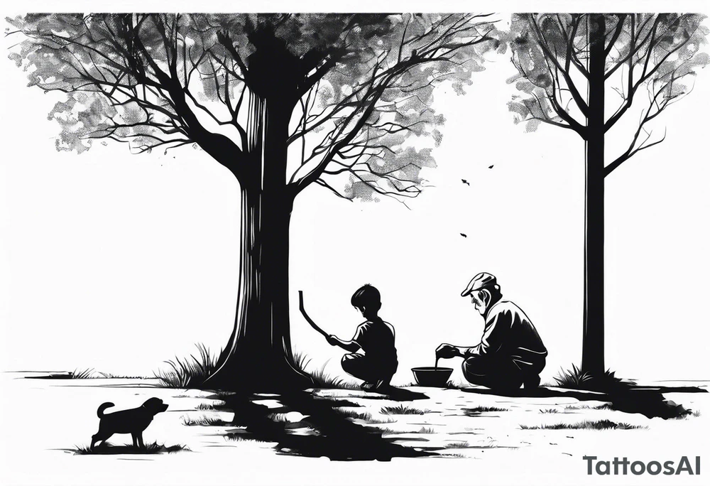 Old man planting a tree. Alongside a young boy playing under a full grown tree. tattoo idea