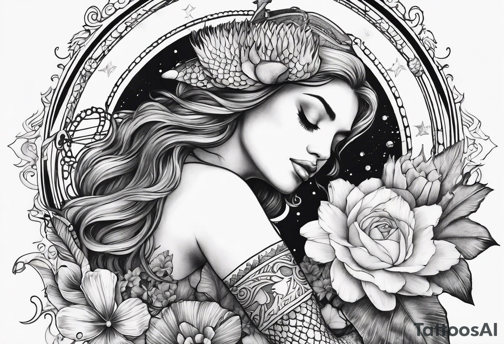 Lower leg tattoo. Mermaid with trident and crown, sea turtle, compass, shells, flowers, cresent moon tattoo idea