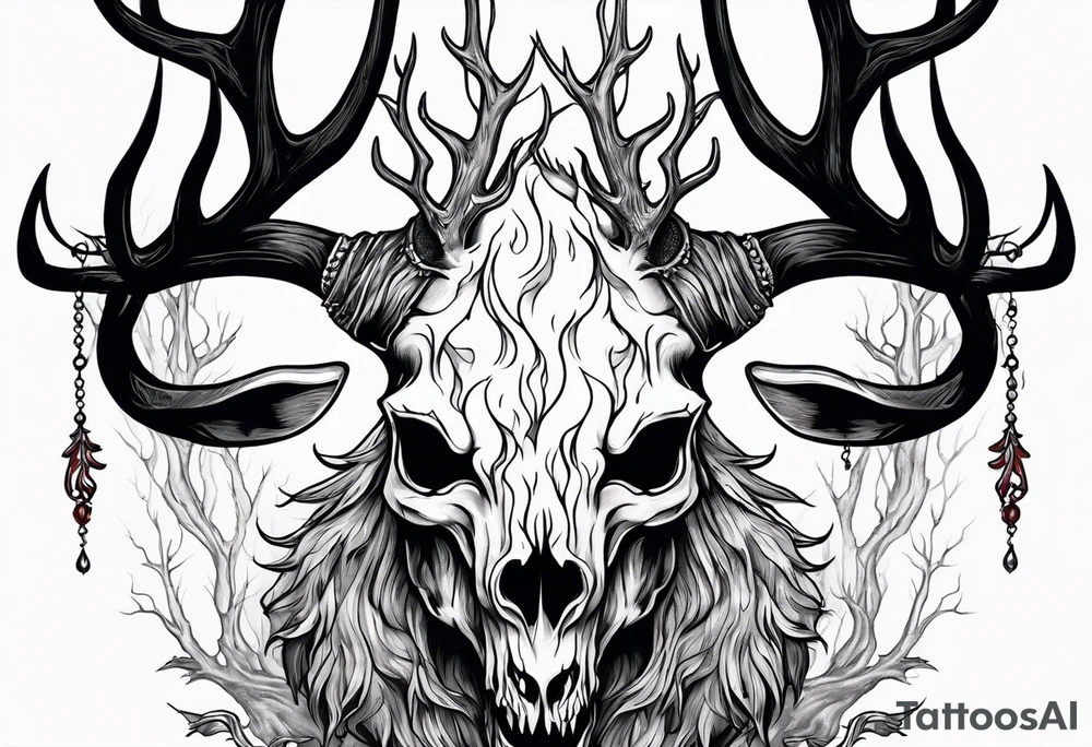A scary wendigo with a decayed deer skull head with flames and trees tattoo idea