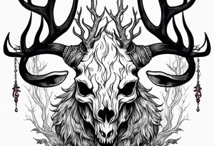A scary wendigo with a decayed deer skull head with flames and trees tattoo idea