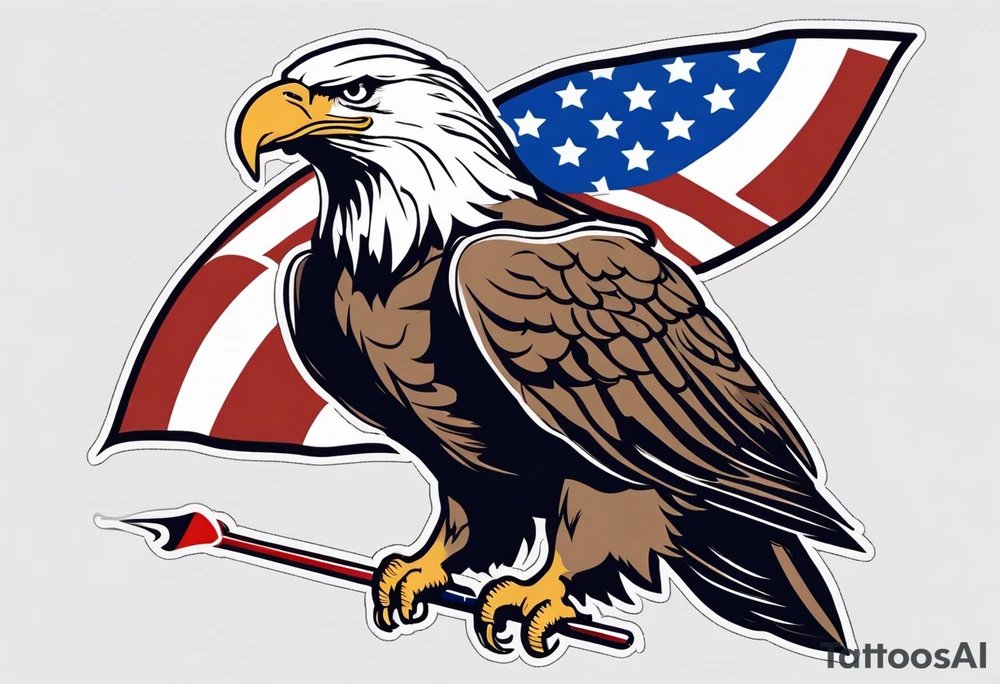 American eagle flying holding American flag on pole with beak tattoo idea