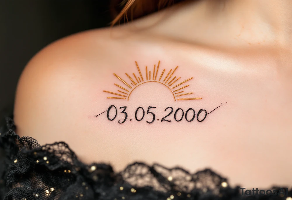 Delicate 03.05.2000 in fine-line script with golden sun rays behind the date. tattoo idea