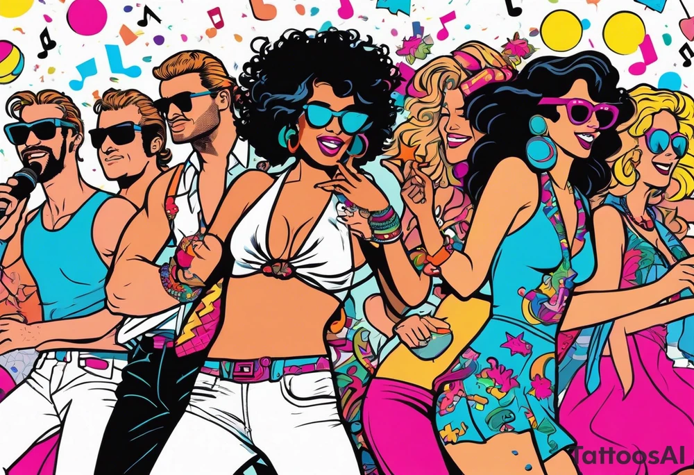1980's miami vice style beach dance 
party, include confetti, music notes, boom box, bikinis tattoo idea