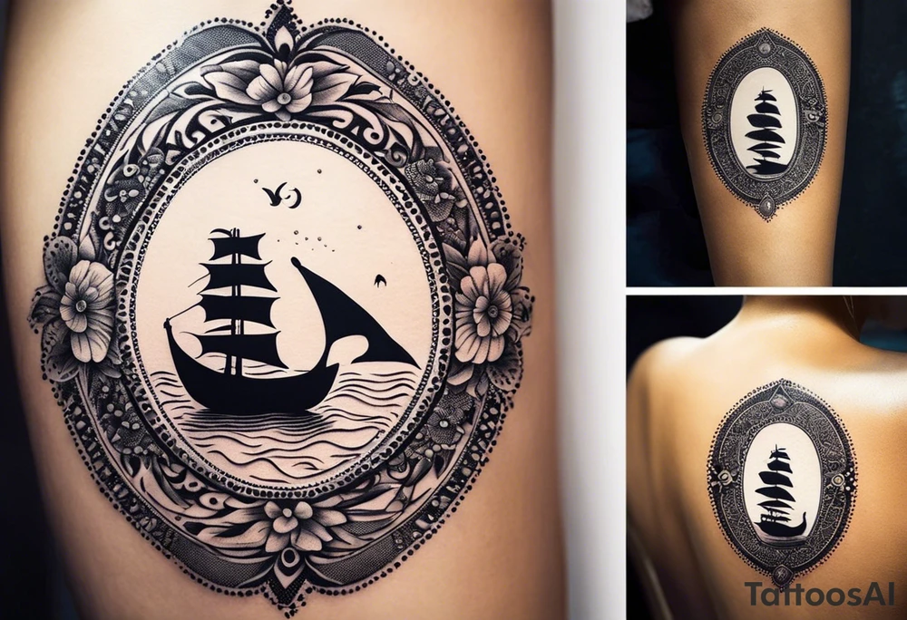 Create an oval-shaped frame with the text “Honeymoon” written in Thai inside the oval. At the center of the oval, place a traditional Thai long-tail boat decorated with flowers at its bow, as is customary. The boat should be floating on open water with gentle waves, and beneath the boat, include a swimming turtle. tattoo idea