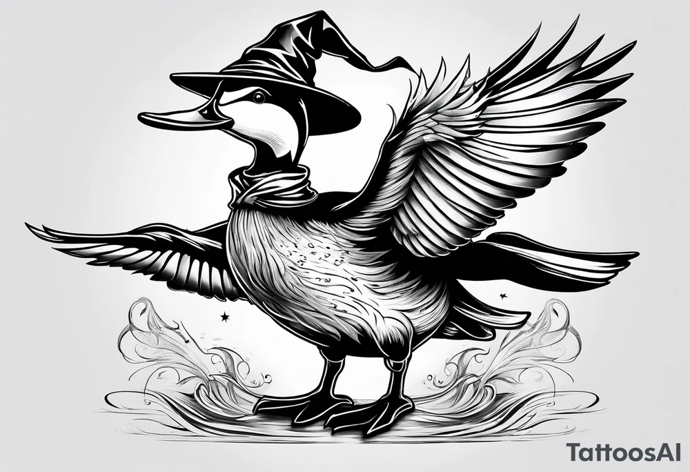 Dabbling Duck dressed like a wizard casting a spell with his wand tattoo idea
