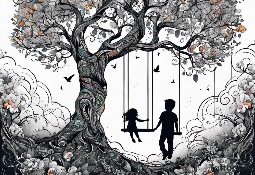 tree of life with swing little girl and man tattoo idea