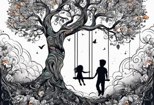 tree of life with swing little girl and man tattoo idea