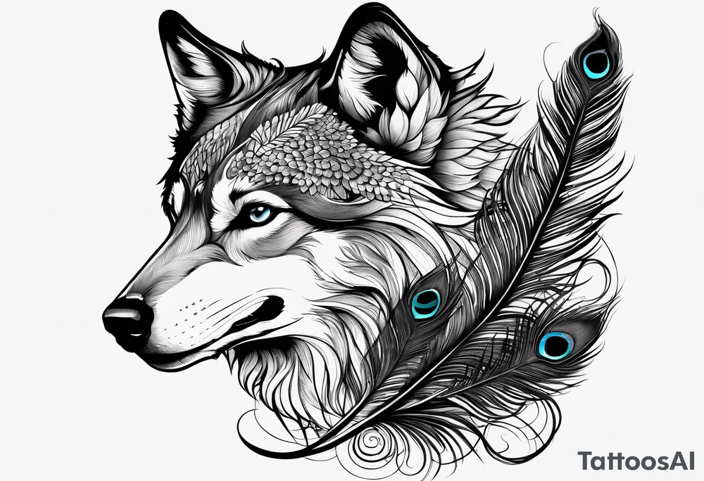 Peacock feather and wolf puppy tattoo idea