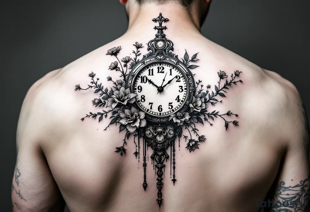Clock and flowers tattoo idea