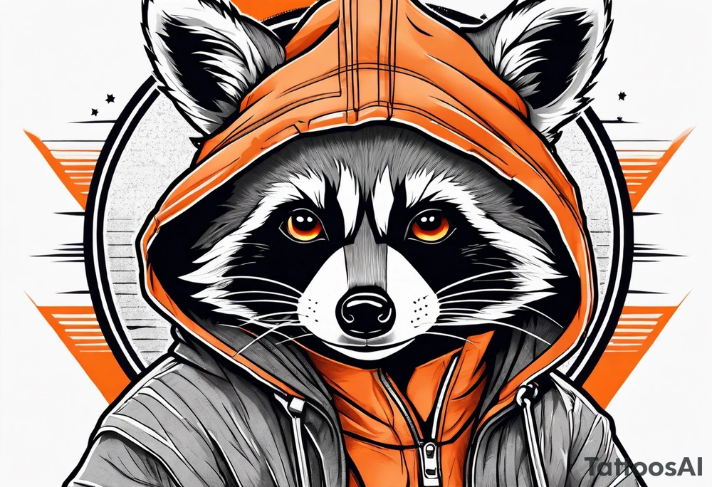 Raccoon wearing an orange Superman hoodie tattoo idea