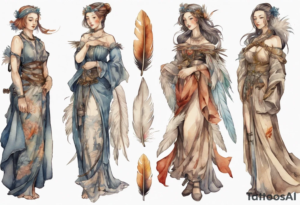 a full body medieval woman with a feather dress tattoo idea