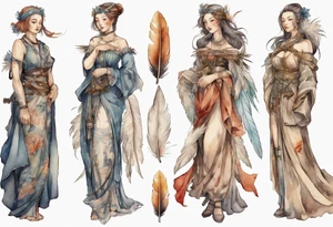 a full body medieval woman with a feather dress tattoo idea