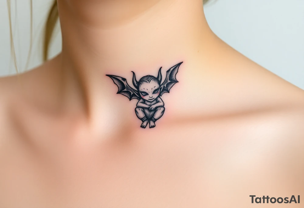 Misfit tiny goblin with wings and horns tattoo idea