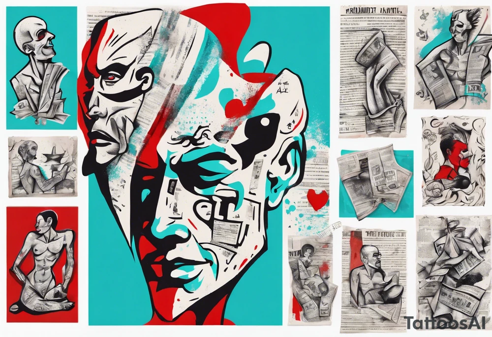 an art showing a newspaper on the leg and shoulder, old ritual, in the style of abstract portraits, textured pigment planes, red and cyan, stencil art, gothic romanticism, full white background <https://s.mj.run/gUiE1vI_8x0> tattoo idea