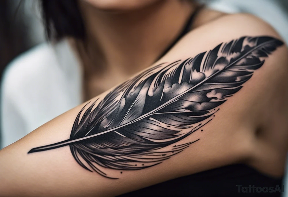 The tattoo begins on the left arm, at the elbow, where feathers are flying under the action of the wind towards the left hand. These feathers share the air space with branches that have leaves, and both elements move together up the left arm. As they approach the shoulder, some lightning appears between them. At this point, the feathers start to converge toward the left chest, where a vortex of energy reveals the head of an owl. The branches converge toward the left side of the back, passing over the shoulder. On the left side of the back, there is a dense, psychedelic element representing the energy of life's creation, with references to the earth, element, and planet. There is also a clay house in this area. tattoo idea