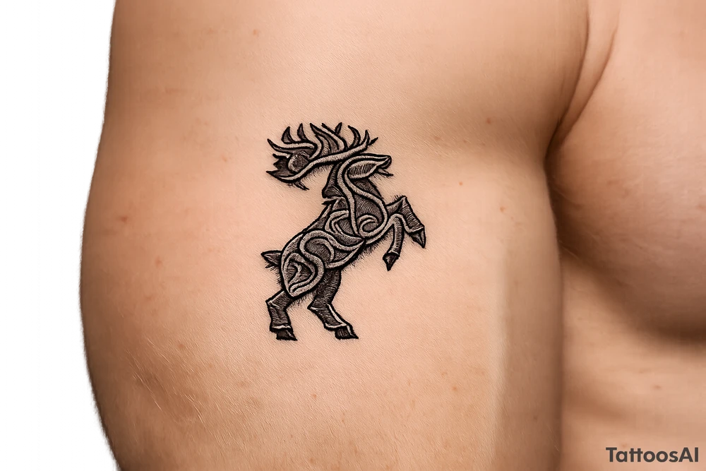 Caribou in Norse knot work open line concept mammen style stipple shading with animal on rear legs just animal no base or background make it just a antler tattoo idea