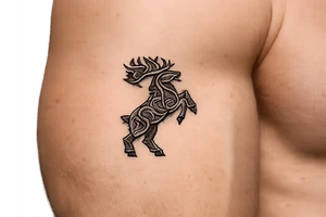 Caribou in Norse knot work open line concept mammen style stipple shading with animal on rear legs just animal no base or background make it just a antler tattoo idea