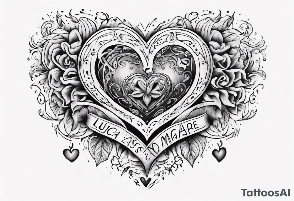 A black heart with the words Lucas and Margaret tattoo idea