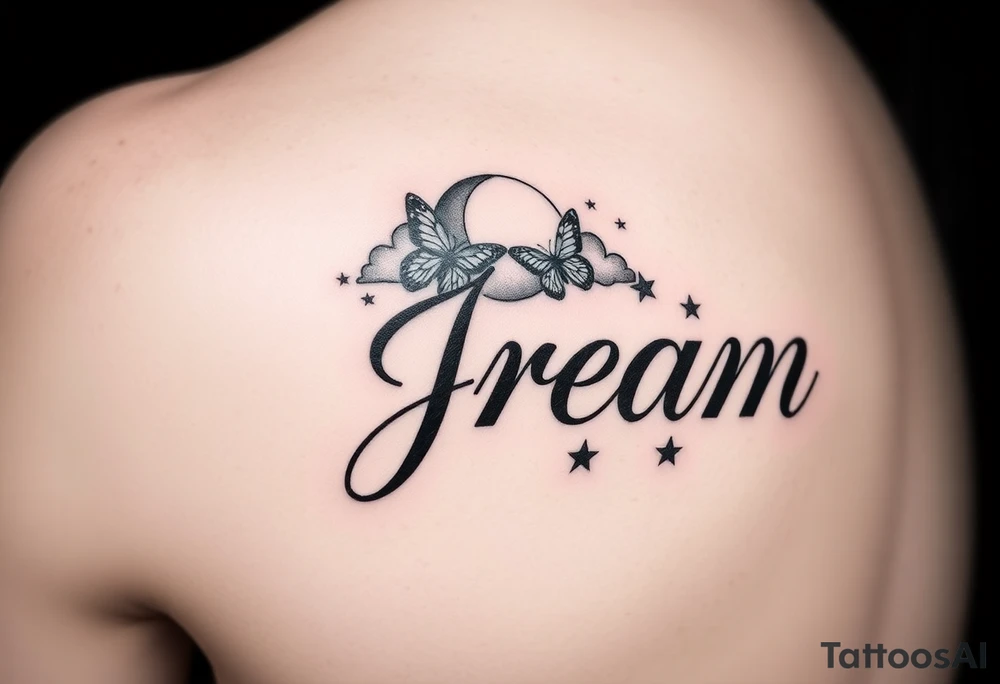 The name Jream in cursive with shaded clouds, a moon and butterfly’s with stars on forearm tattoo idea