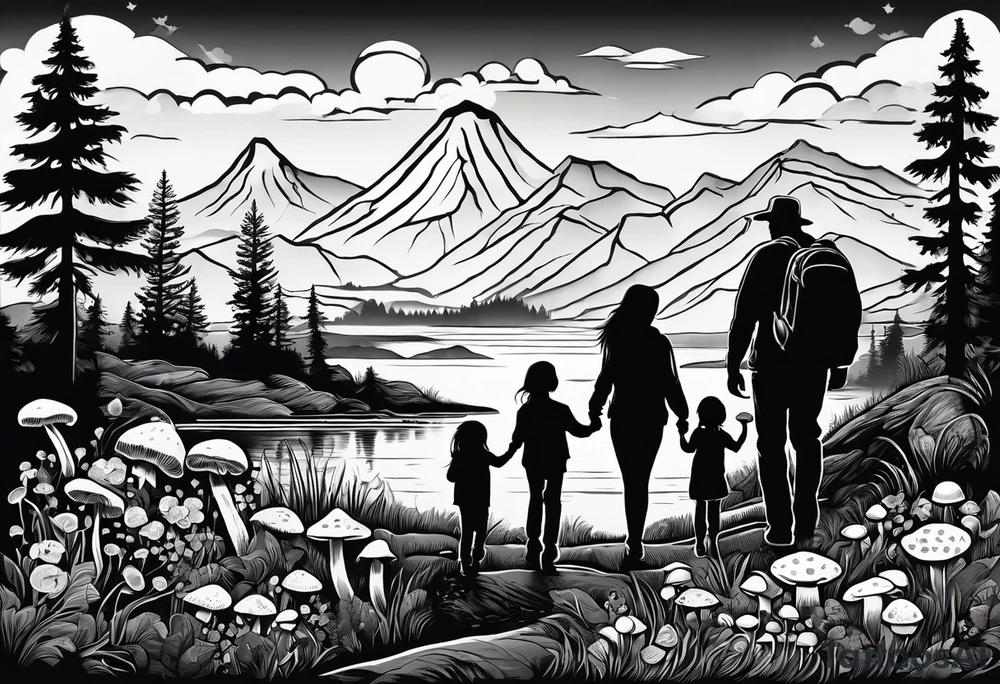 Family silhouette of a father, a mother, oldest son, middle daughter, and small daughter foraging mushrooms with mountains and creek in background tattoo idea