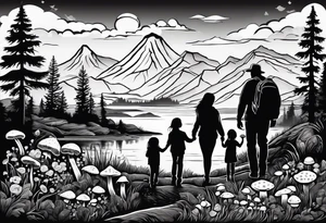 Family silhouette of a father, a mother, oldest son, middle daughter, and small daughter foraging mushrooms with mountains and creek in background tattoo idea